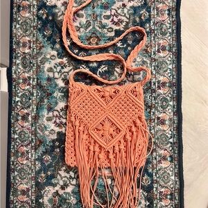 Vibrant Orange Macramé Crossbody Bag with Fringe